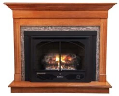 Buck Stove Classic Corner Fireplace Mantel With Model 384 Vent Free Gas Heating Stove