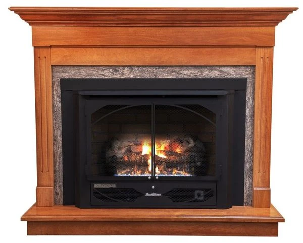 Buck Stove Classic Corner Fireplace Mantel With Model 384 Vent Free Gas Heating Stove